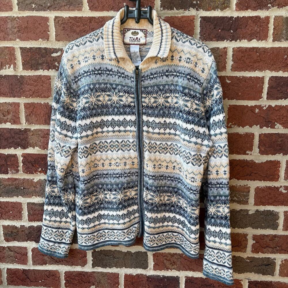 Vintage Tiara International Fair Isle Nordic Zip Cardigan Sweater Blue Tan L